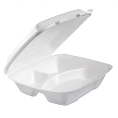DART - Foam Hinged Lid Container, 3-Comp, 9 x 9 2/5 x 3, White, 100/Bag, 2 Bag/Carton - Exact Tool & Supply