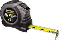 Komelon - 25' x 1-1/16" Yellow Steel Blade Tape Measure - 1/4, 1/8 & 1/16" Graduation, Blue/Gray ABS Plastic Case - Exact Tool & Supply