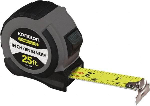 Komelon - 25' x 1-1/16" Yellow Steel Blade Tape Measure - 1/4, 1/8 & 1/16" Graduation, Blue/Gray ABS Plastic Case - Exact Tool & Supply