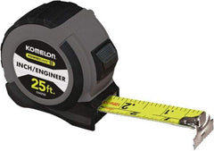 Komelon - 25' x 1-1/16" Yellow Steel Blade Tape Measure - 1/4, 1/8 & 1/16" Graduation, Blue/Gray ABS Plastic Case - Exact Tool & Supply