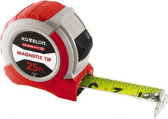 Komelon - 25' x 1-1/16" Yellow Steel Blade Tape Measure - 1/4, 1/8 & 1/16" Graduation, Red ABS Plastic Case - Exact Tool & Supply