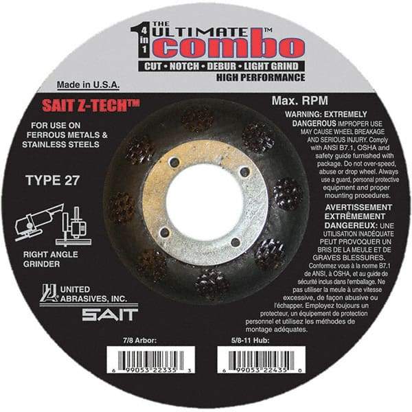 Sait - 6" Wheel Diam, 7/8" Arbor Hole, Type 27 Depressed Center Wheel - Coarse Grade, Zirconia Alumina, 10,200 Max RPM - Exact Tool & Supply
