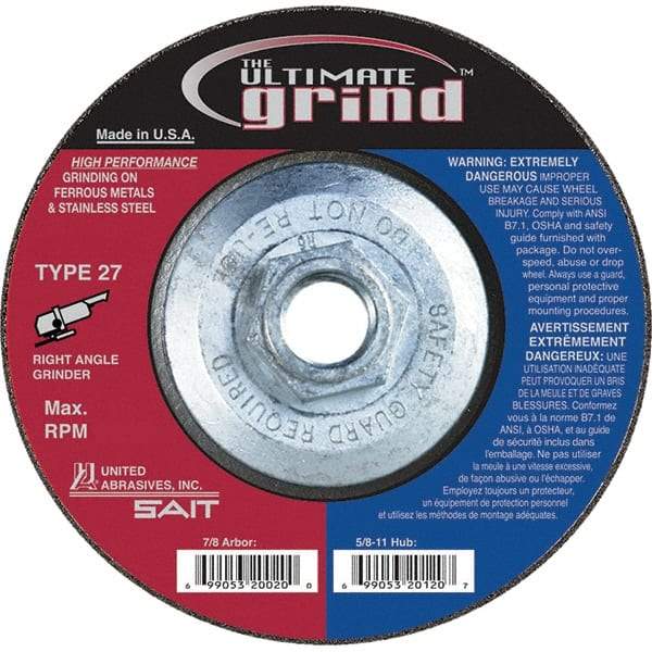Sait - 5" Wheel Diam, 1/4" Wheel Thickness, Type 27 Depressed Center Wheel - Coarse Grade, Zirconia Alumina, 12,200 Max RPM - Exact Tool & Supply