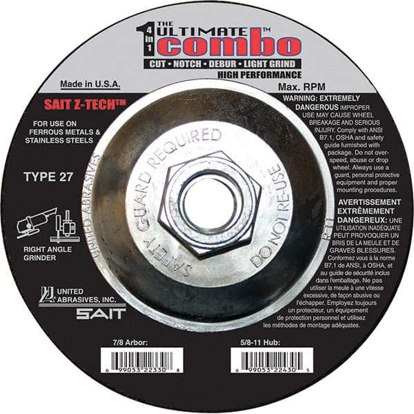 Sait - 6" Wheel Diam, Type 27 Depressed Center Wheel - Coarse Grade, Zirconia Alumina, 10,200 Max RPM - Exact Tool & Supply