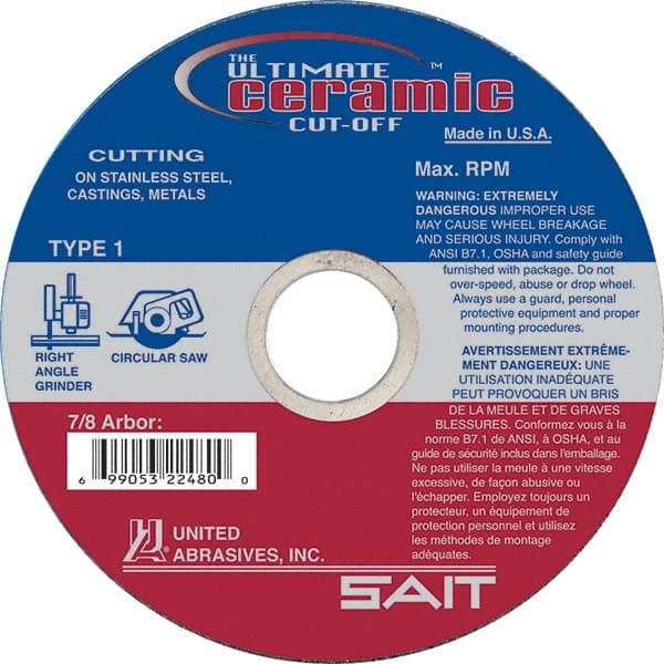 Sait - 5" 60 Grit Ceramic Cutoff Wheel - 0.045" Thick, 7/8" Arbor, 12,200 Max RPM, Use with Angle Grinders - Exact Tool & Supply