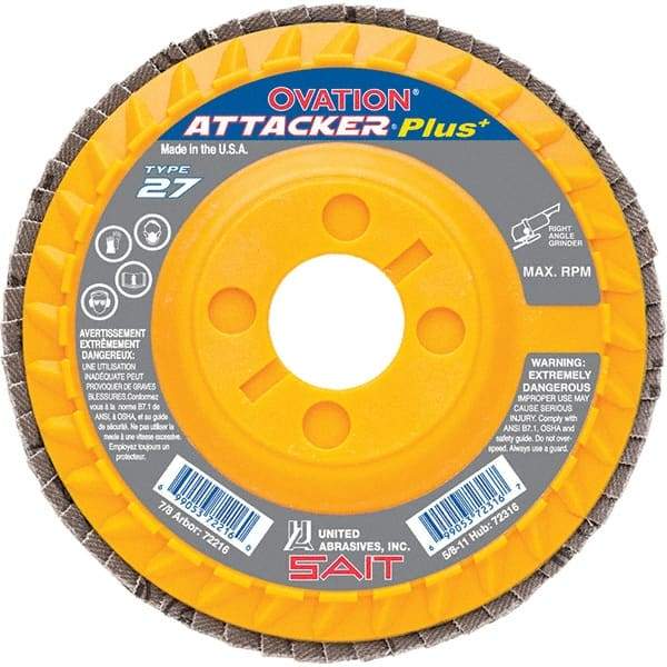 Sait - 80 Grit, 4-1/2" Disc Diam, 7/8" Center Hole, Type 27 Zirconia Alumina Flap Disc - 13,300 Max RPM, Plastic Backing, Arbor Attaching System, Coated - Exact Tool & Supply