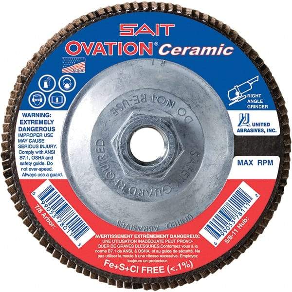Sait - 40 Grit, 4-1/2" Disc Diam, 5/8-11 Center Hole, Type 27 Ceramic Flap Disc - 13,300 Max RPM, Plastic Backing, Arbor Attaching System, Coated - Exact Tool & Supply