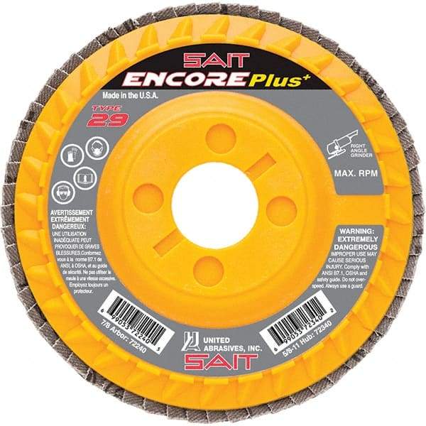 Sait - 40 Grit, 4-1/2" Disc Diam, 7/8" Center Hole, Type 29 Zirconia Alumina Flap Disc - 13,300 Max RPM, Plastic Backing, Arbor Attaching System, Coated - Exact Tool & Supply