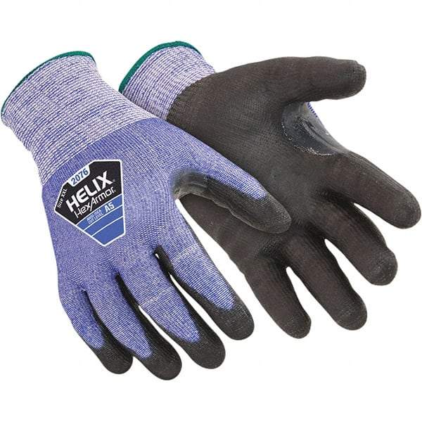 HexArmor - Size XS (6), ANSI Cut Lvl A5, Puncture Lvl 5, Abrasion Lvl 5, Polyurethane Coated Cut Resistant Gloves - Palm & Fingers Coated, Knit Wrist, Blue/Black, Paired - Exact Tool & Supply