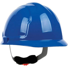 PRO-SAFE - ANSI Type I, Class E Rated, 4-Point, Ratchet Adjustment Hard Hat - Blue, Standard Brim - Exact Tool & Supply