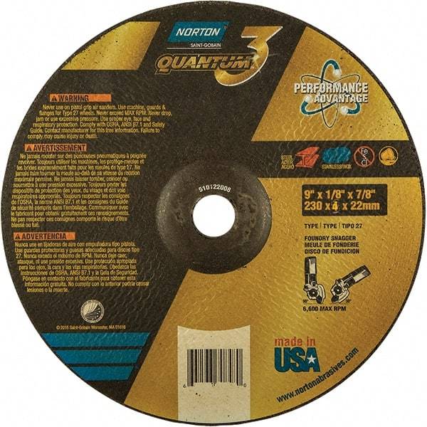 Norton - 24 Grit, 9" Wheel Diam, 1/8" Wheel Thickness, 7/8" Arbor Hole, Type 27 Depressed Center Wheel - Coarse Grade, Ceramic, Resinoid Bond, 6,600 Max RPM - Exact Tool & Supply