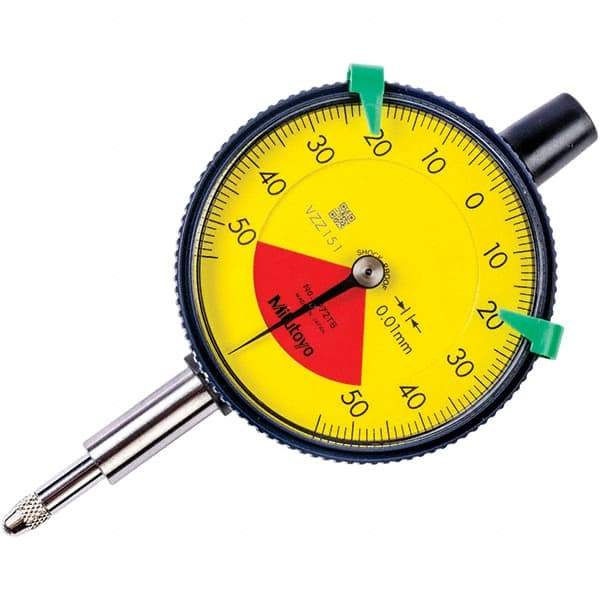 Mitutoyo - 1mm Range, 50-0-50 Dial Reading, 0.01mm Graduation Dial Drop Indicator - 57mm Dial, 1.4mm Range per Revolution, 0.04mm Accuracy - Exact Tool & Supply