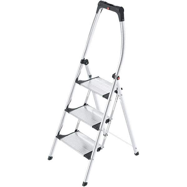 Hailo - 3 Steps, 4' 8" High, EN14183 Rating, Aluminum Step Ladder - 330 Lb Capacity, 21-17/64" Base Width - Exact Tool & Supply