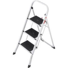 Hailo - 3 Steps, 3' 5" High, EN14183 Rating, Tubular Steel Step Ladder - 330 Lb Capacity, 18-1/2" Base Width - Exact Tool & Supply