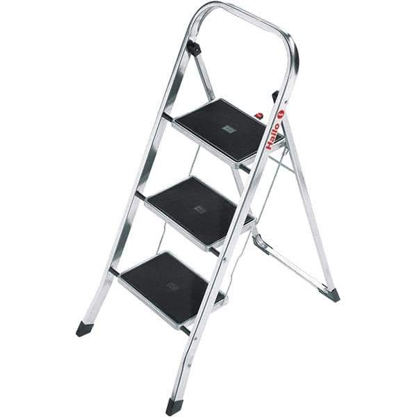 Hailo - 3 Steps, 3' 4" High, EN14183 Rating, Aluminum Step Ladder - 330 Lb Capacity, 18-1/2" Base Width - Exact Tool & Supply