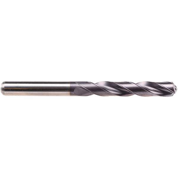 Emuge - 9/16" 140° Solid Carbide Jobber Drill - TiAlN Finish, Right Hand Cut, Spiral Flute, Cylindrical Shank, 124mm OAL, Four Facet Point - Exact Tool & Supply
