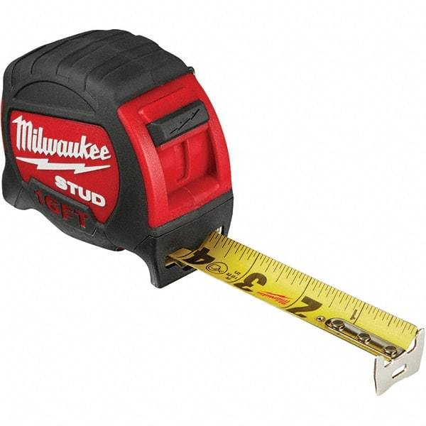 Milwaukee Tool - 16' x 1" Yellow Steel Blade Tape Measure - 1/16" & 1/10' Graduation, Inch Graduation Style, Red/Black Plastic Case - Exact Tool & Supply