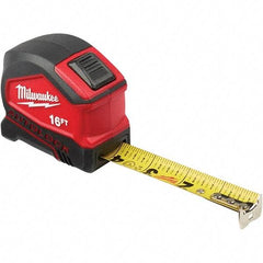 Milwaukee Tool - 16' x 1" Yellow Steel Blade Tape Measure - 1/16" & 1/10' Graduation, Inch Graduation Style, Red/Black Plastic Case - Exact Tool & Supply