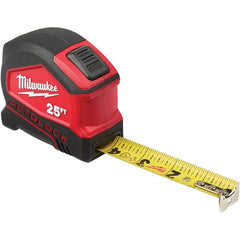 Milwaukee Tool - 25' x 1" Yellow Steel Blade Tape Measure - 1/16" & 1/10' Graduation, Inch Graduation Style, Red/Black Plastic Case - Exact Tool & Supply