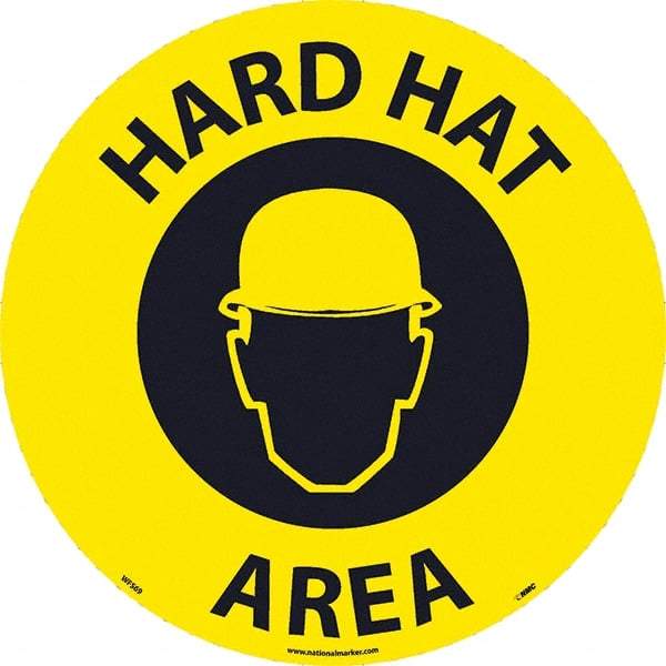 NMC - Hard Hat Area, Anti-Skid Pressure-Sensitive Vinyl Floor Sign - Round, Black on Yellow, Adhesive Backed, For Restroom, Janitorial & Housekeeping - Exact Tool & Supply