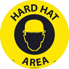 NMC - Hard Hat Area, Anti-Skid Pressure-Sensitive Vinyl Floor Sign - Round, Black on Yellow, Adhesive Backed, For Restroom, Janitorial & Housekeeping - Exact Tool & Supply