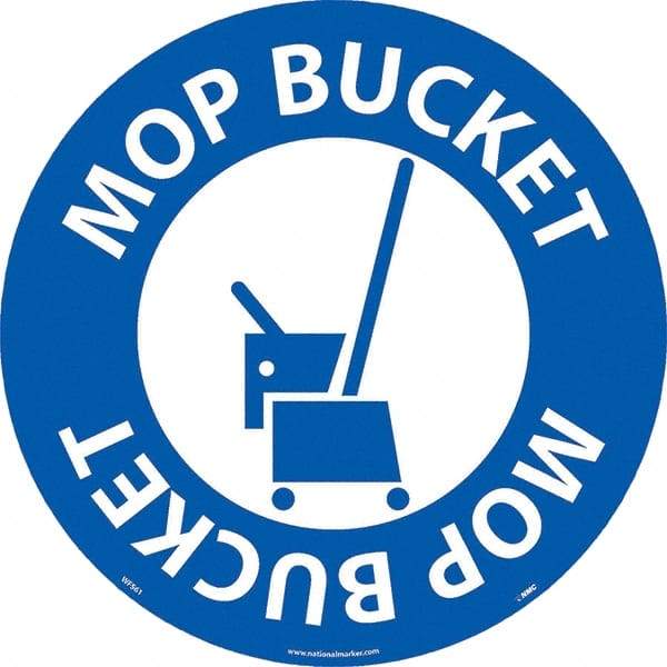 NMC - Mop Bucket, Anti-Skid Pressure-Sensitive Vinyl Floor Sign - Round, White on Blue, Adhesive Backed, For Restroom, Janitorial & Housekeeping - Exact Tool & Supply