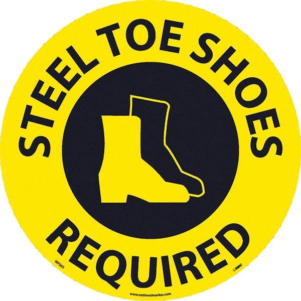 NMC - Steel Toe Shoes Required, Anti-Skid Pressure-Sensitive Vinyl Floor Sign - Round, Black on Yellow, Adhesive Backed, For Restroom, Janitorial & Housekeeping - Exact Tool & Supply