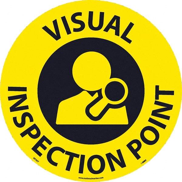 NMC - Visual Inspection Point, Anti-Skid Pressure-Sensitive Vinyl Floor Sign - Round, Black on Yellow, Adhesive Backed, For Restroom, Janitorial & Housekeeping - Exact Tool & Supply