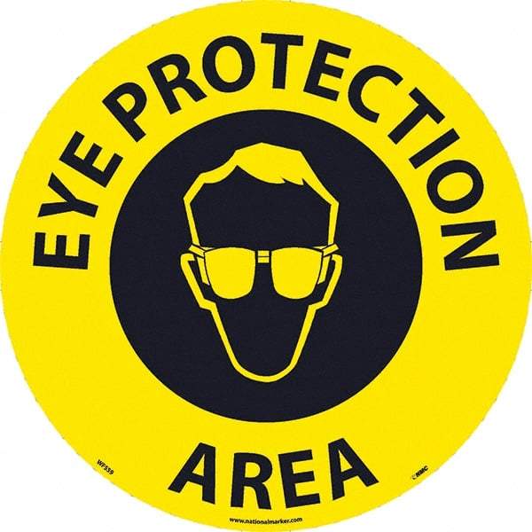 NMC - Eye Protection Area, Anti-Skid Pressure-Sensitive Vinyl Floor Sign - Round, Black on Yellow, Adhesive Backed, For Restroom, Janitorial & Housekeeping - Exact Tool & Supply