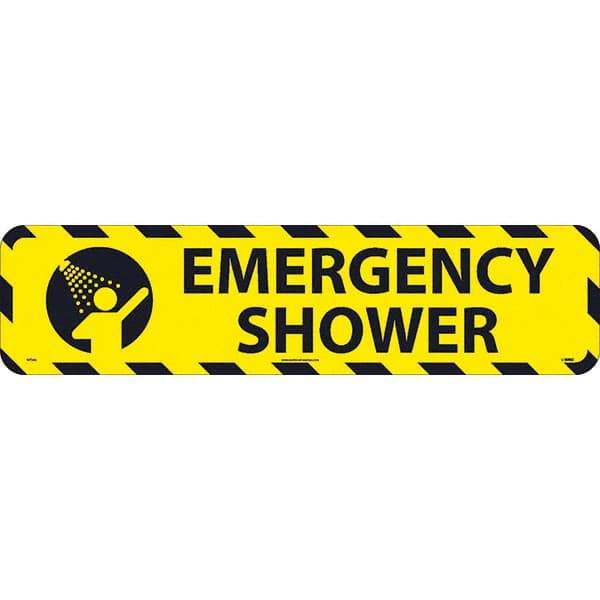 NMC - Emergency Shower, Anti-Skid Pressure-Sensitive Vinyl Floor Sign - Rectangle, Black on Yellow, Adhesive Backed, For Restroom, Janitorial & Housekeeping - Exact Tool & Supply
