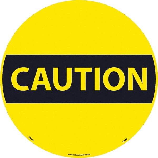 NMC - Caution, Anti-Skid Pressure-Sensitive Vinyl Floor Sign - Round, Black on Yellow, Adhesive Backed, For Restroom, Janitorial & Housekeeping - Exact Tool & Supply