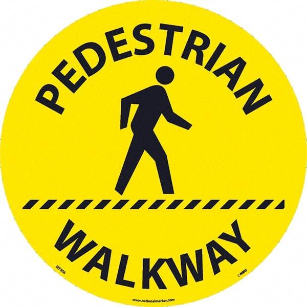 NMC - Pedestrian Walkway, Anti-Skid Pressure-Sensitive Vinyl Floor Sign - Round, Black on Yellow, Adhesive Backed, For Restroom, Janitorial & Housekeeping - Exact Tool & Supply