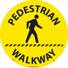 NMC - Pedestrian Walkway, Anti-Skid Pressure-Sensitive Vinyl Floor Sign - Round, Black on Yellow, Adhesive Backed, For Restroom, Janitorial & Housekeeping - Exact Tool & Supply