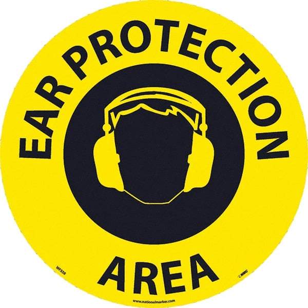 NMC - Ear Protection Area, Anti-Skid Pressure-Sensitive Vinyl Floor Sign - Round, Black on Yellow, Adhesive Backed, For Restroom, Janitorial & Housekeeping - Exact Tool & Supply