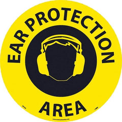 NMC - Ear Protection Area, Anti-Skid Pressure-Sensitive Vinyl Floor Sign - Round, Black on Yellow, Adhesive Backed, For Restroom, Janitorial & Housekeeping - Exact Tool & Supply