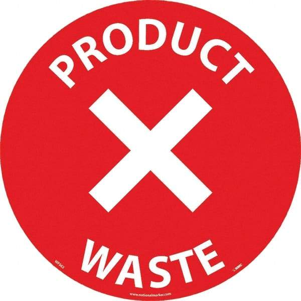 NMC - Product Waste, Anti-Skid Pressure-Sensitive Vinyl Floor Sign - Round, White on Red, Adhesive Backed, For Restroom, Janitorial & Housekeeping - Exact Tool & Supply