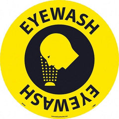 NMC - Eyewash, Anti-Skid Pressure-Sensitive Vinyl Floor Sign - Round, Black on Yellow, Adhesive Backed, For Restroom, Janitorial & Housekeeping - Exact Tool & Supply