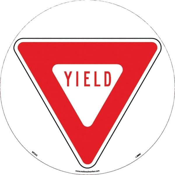 NMC - Yield, Anti-Skid Pressure-Sensitive Vinyl Floor Sign - Round, Red on White, Adhesive Backed, For Restroom, Janitorial & Housekeeping - Exact Tool & Supply