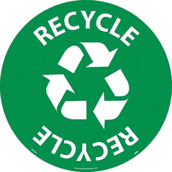 NMC - Recycle, Anti-Skid Pressure-Sensitive Vinyl Floor Sign - Round, White on Green, Adhesive Backed, For Restroom, Janitorial & Housekeeping - Exact Tool & Supply