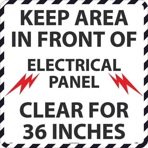 NMC - Keep Area in Front of Electrical Panel Clear 36", Anti-Skid Pressure-Sensitive Vinyl Floor Sign - Round, Black on White, Adhesive Backed, For Restroom, Janitorial & Housekeeping - Exact Tool & Supply