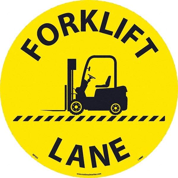 NMC - Forklift Lane, Anti-Skid Pressure-Sensitive Vinyl Floor Sign - Round, Black on Yellow, Adhesive Backed, For Restroom, Janitorial & Housekeeping - Exact Tool & Supply