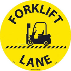 NMC - Forklift Lane, Anti-Skid Pressure-Sensitive Vinyl Floor Sign - Round, Black on Yellow, Adhesive Backed, For Restroom, Janitorial & Housekeeping - Exact Tool & Supply