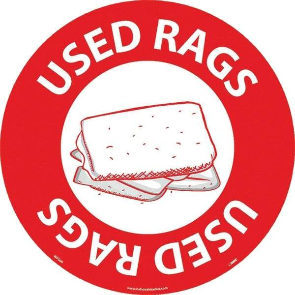 NMC - Used Rags, Anti-Skid Pressure-Sensitive Vinyl Floor Sign - Round, White on Red, Adhesive Backed, For Restroom, Janitorial & Housekeeping - Exact Tool & Supply