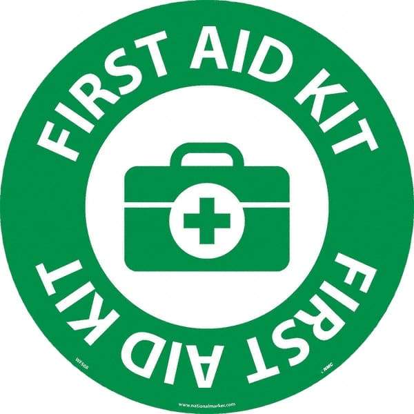 NMC - First Aid Kit, Anti-Skid Pressure-Sensitive Vinyl Floor Sign - Round, White on Green, Adhesive Backed, For Restroom, Janitorial & Housekeeping - Exact Tool & Supply