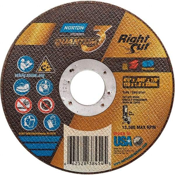 Norton - 4-1/2" 36 Grit Ceramic Alumina Cutoff Wheel - 0.045" Thick, 7/8" Arbor, 13,580 Max RPM, Use with Angle Grinders - Exact Tool & Supply