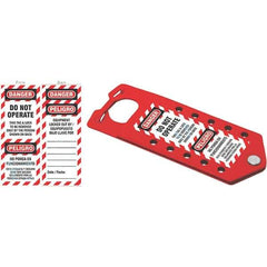 NMC - Single Jaw, 1 to 2" Jaw Diam, 10 PadLocks, Aluminum Lockout Hasp - Scissor Action, 3" Long x 7-1/2" Wide, Red - Exact Tool & Supply