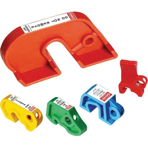 NMC - Plastic Circuit Breaker Lockout Set - 1 Padlock, 1 Circuit, Includes (4) Miniature Breaker Lockouts & Large Breaker Lockout, English - Exact Tool & Supply