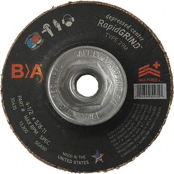 BULLARD - 50 Grit, 5" Wheel Diam, 1/8" Wheel Thickness, Type 29 Depressed Center Wheel - Coarse Grade, Ceramic, 12,200 Max RPM, Compatible with Angle Grinder - Exact Tool & Supply