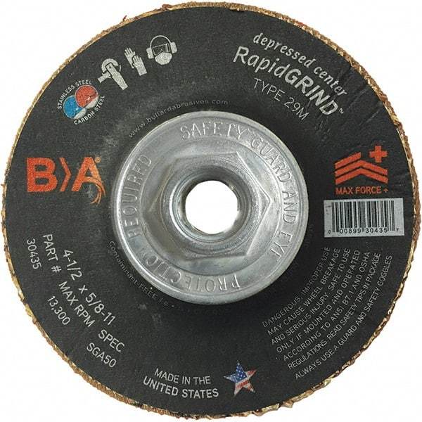 BULLARD - 50 Grit, 4-1/2" Wheel Diam, 1/8" Wheel Thickness, Type 29 Depressed Center Wheel - Coarse Grade, Ceramic, 13,300 Max RPM, Compatible with Angle Grinder - Exact Tool & Supply