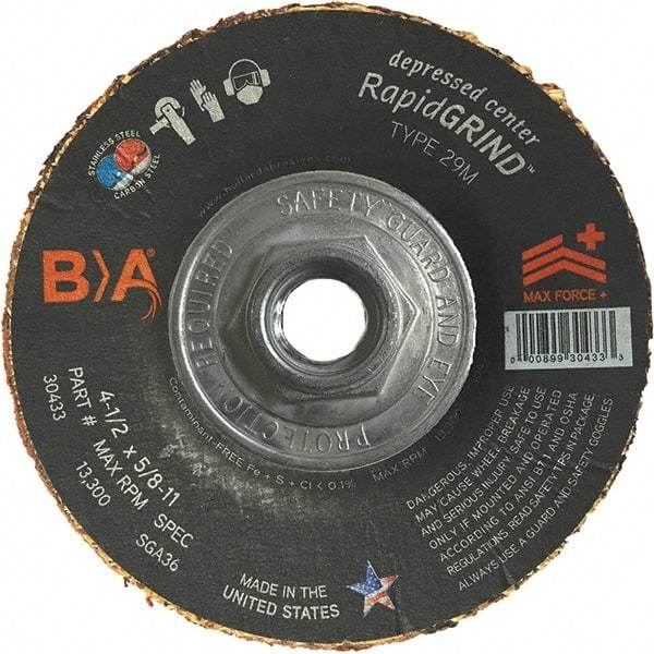 BULLARD - 36 Grit, 4-1/2" Wheel Diam, 1/8" Wheel Thickness, Type 29 Depressed Center Wheel - Coarse/Extra Coarse Grade, Ceramic, 13,300 Max RPM, Compatible with Angle Grinder - Exact Tool & Supply